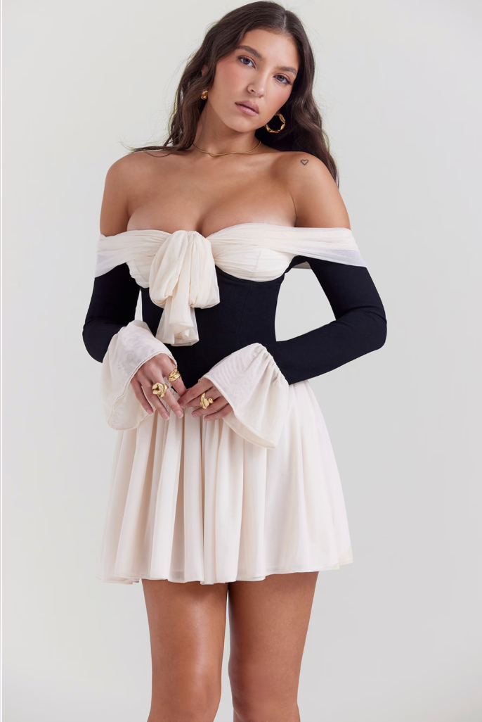 ALANA Black & Cream Off Shoulder Dress